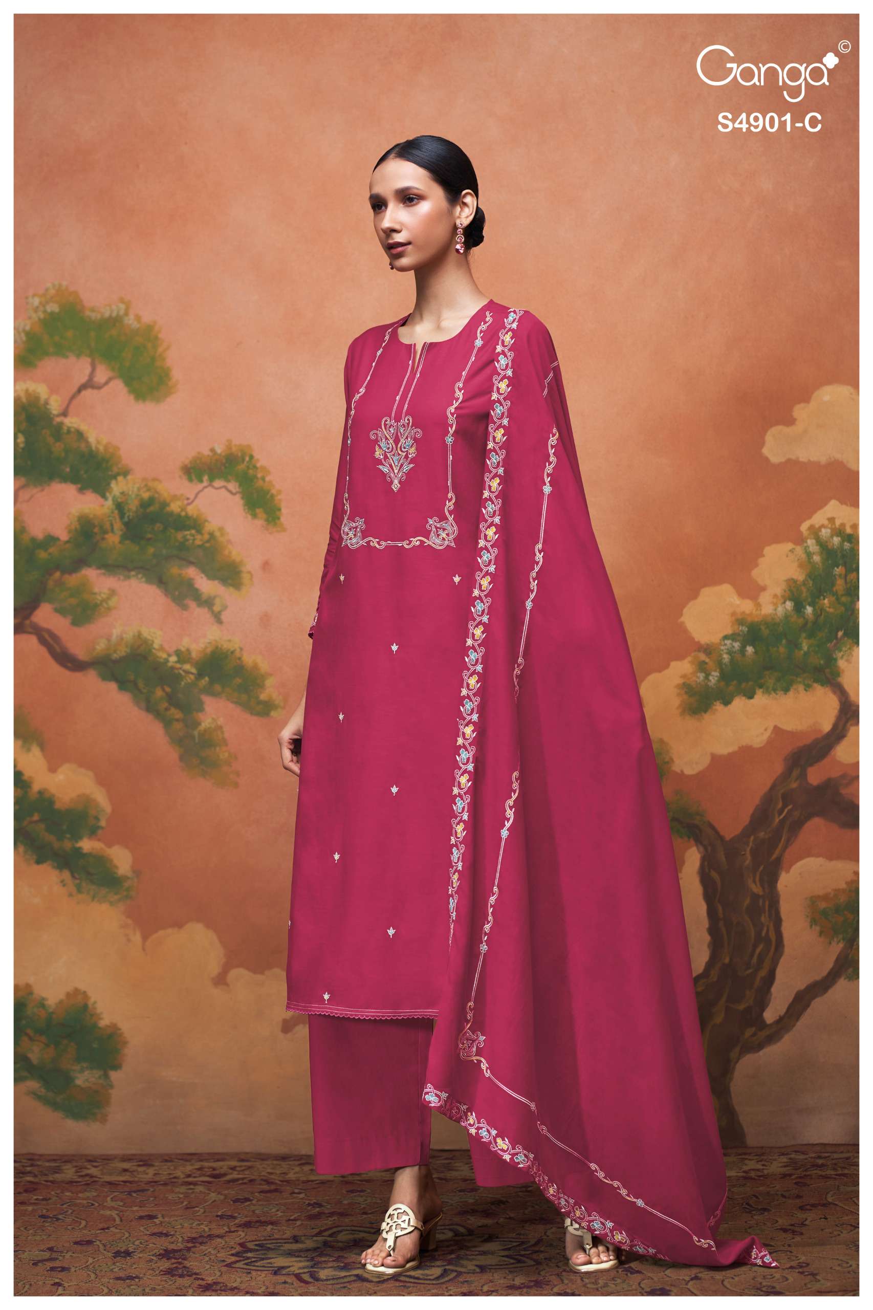 GANGA NAVISHA 4901 MUL SOLID COLOR CROCHET LACE ON DAMAN & SLEEVES SUIT LADIES EXPORT